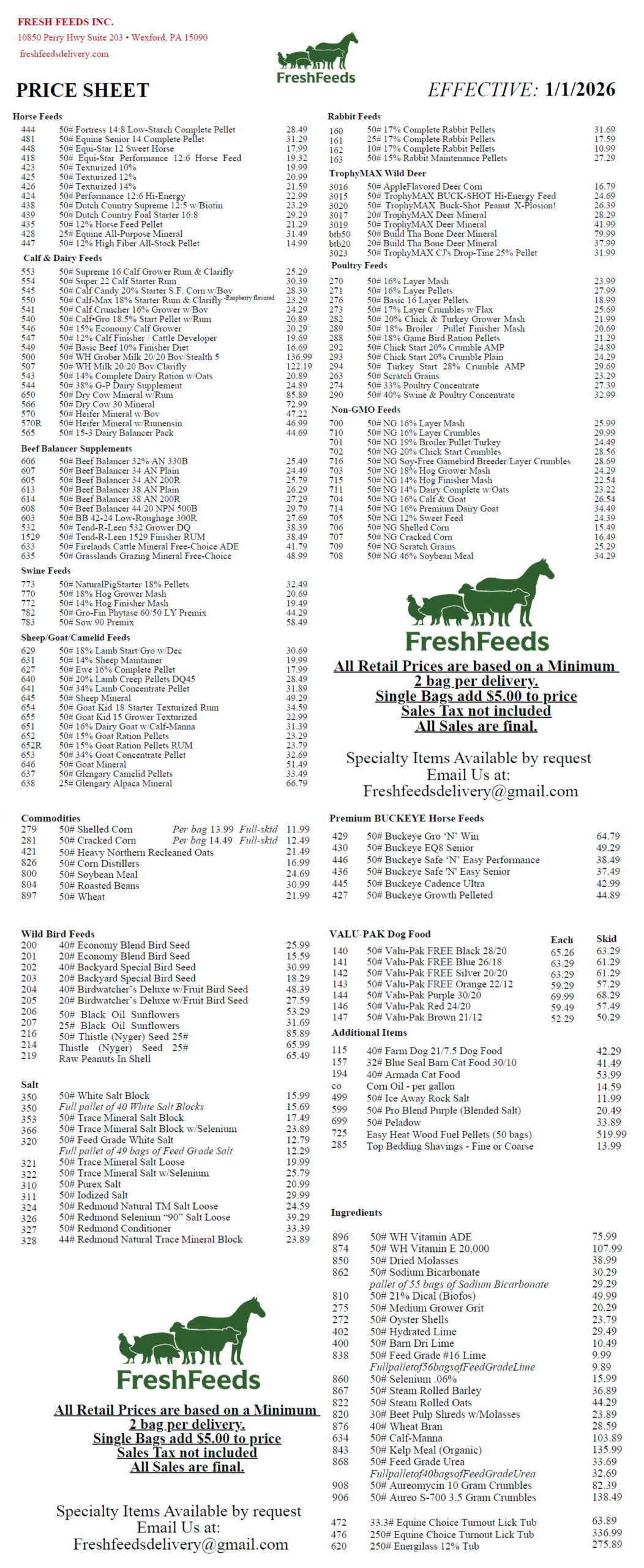 Fresh Feeds Retail Price List